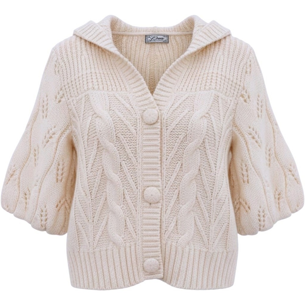 Guess Authentic Brand Y2K Cream Cable Knit Hooded Cardigan Puff Sleeve Alpaca M